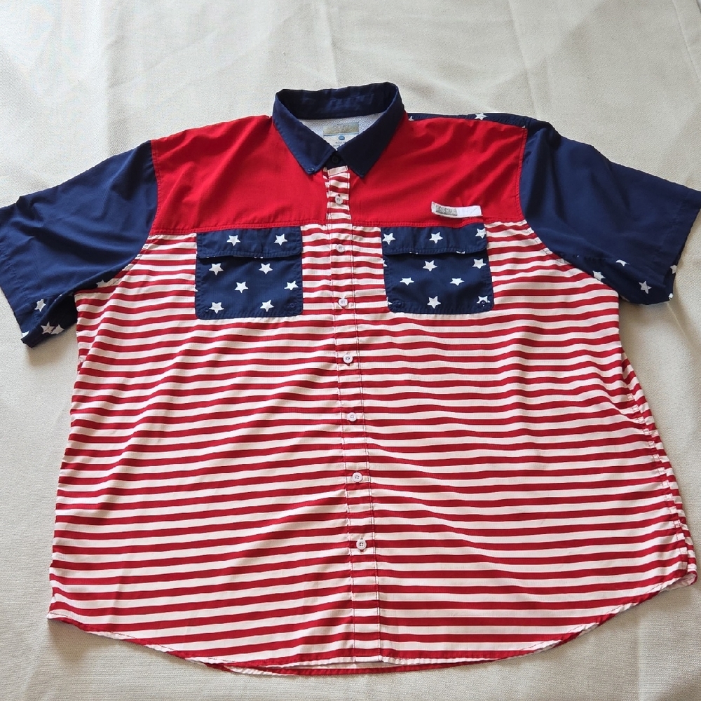Ocean Coast Big and Tall Men's Red White Blue Star Pattern Button Up Shirt 3XL